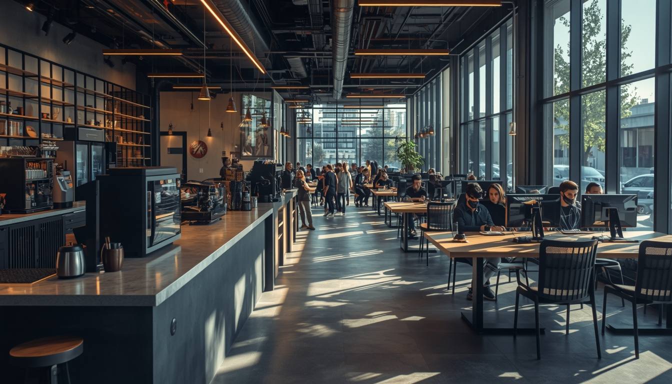 A bright hybrid gaming cafe with light wood tables and a sunlit counter, showing the airy feel of CLOUDNINE