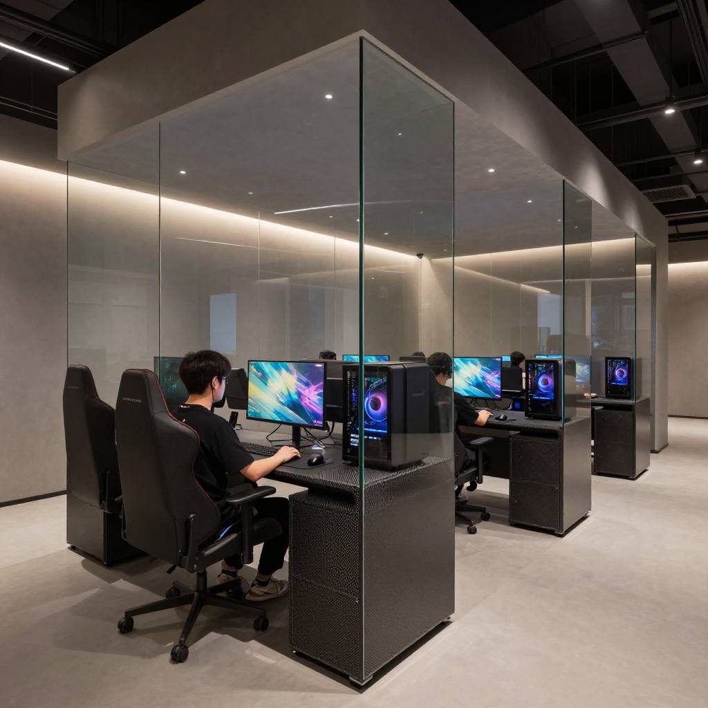 Bright minimalist semi-private gaming pods on the everyday floor at CLOUDNINE