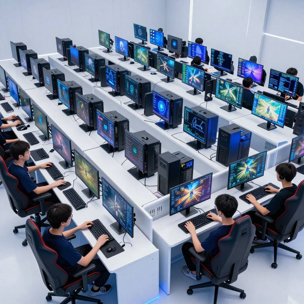 Symmetric rows of PCs at CLOUDNINE waiting for players before opening