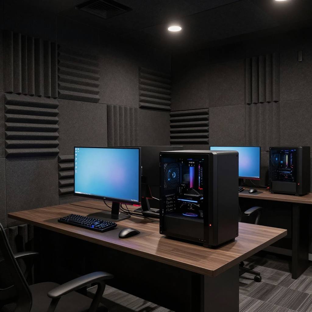 A single clean gaming station with an acoustic panel wall at CLOUDNINE